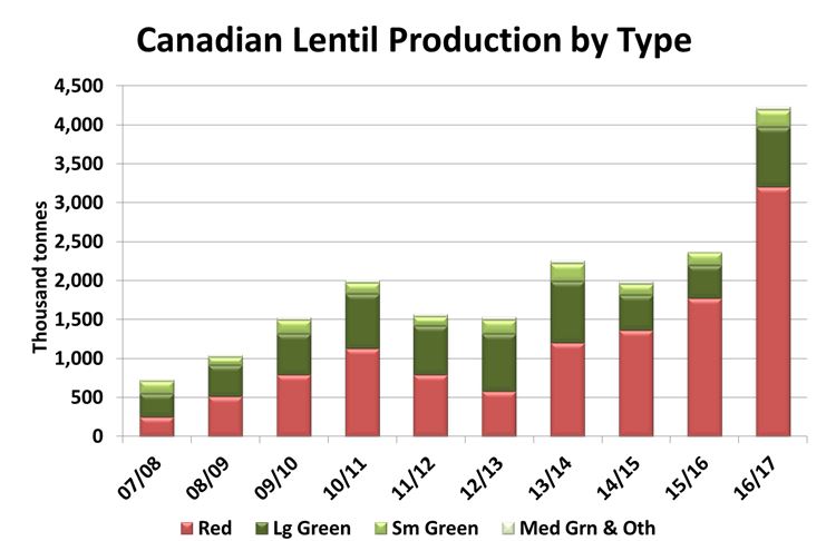 Stacked bar chart showing canadian lentil production over time