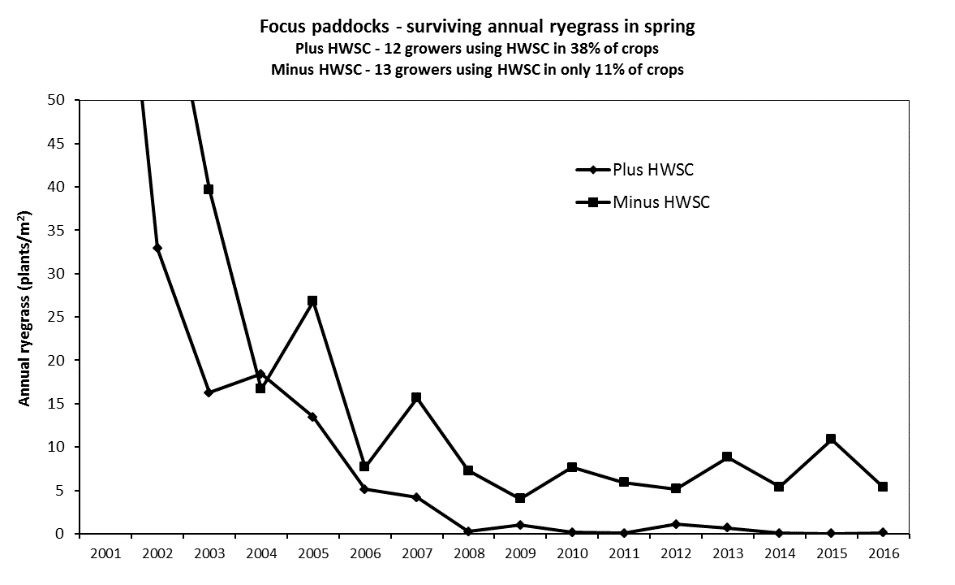 Line graph showing focus paddocks and surviving ryegrass numbers in spring 