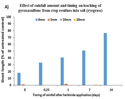 Histogram of effect of rainfall amount and timing pyroxasulfone (ryegrass)