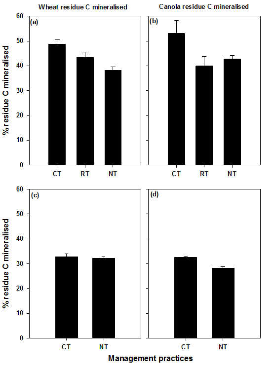 Figure 2. Cumulative percent of residue carbon (C) mineralised, over four months of laboratory incubation. Wheat (left panel) and canola (right panel) stem residues were incorporated in the red soil (top panel) and cracking clay soil (bottom panel) under contrasting tillage systems at Condobolin and Hermitage. See expanded abbreviation of treatments (CT, RT, NT) in the methodology section. Least significant differences at P ≤ 0.05 were LSD0.05 = 6.3 and 2.2 for residue C mineralised in the red soil and the cracking clay soil, respectively.