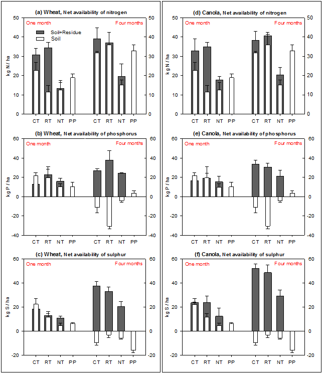 Figure 3. Impact of tillage practices at the Condobolin site (NSW) on net availability of nitrogen (a, d), phosphorus (b, e) and sulphur (c, f) released from soil only, and soil plus added wheat (left panel) and canola (right panel) residues over one month and four months of laboratory incubation. See expanded abbreviation of treatments (CT, RT, NT and PP) in the methodology section for the Condobolin site. Least significant differences at P ≤ 0.05 were LSD0.05 = 11.3, 16.9 and 11.8 for the net availability of nitrogen, phosphorus and sulphur, respectively, over one month; and LSD0.05 = 13.7, 14.2 and 11.5 for the net availability of nitrogen, phosphorus and sulphur, respectively, over four months in the red soil.