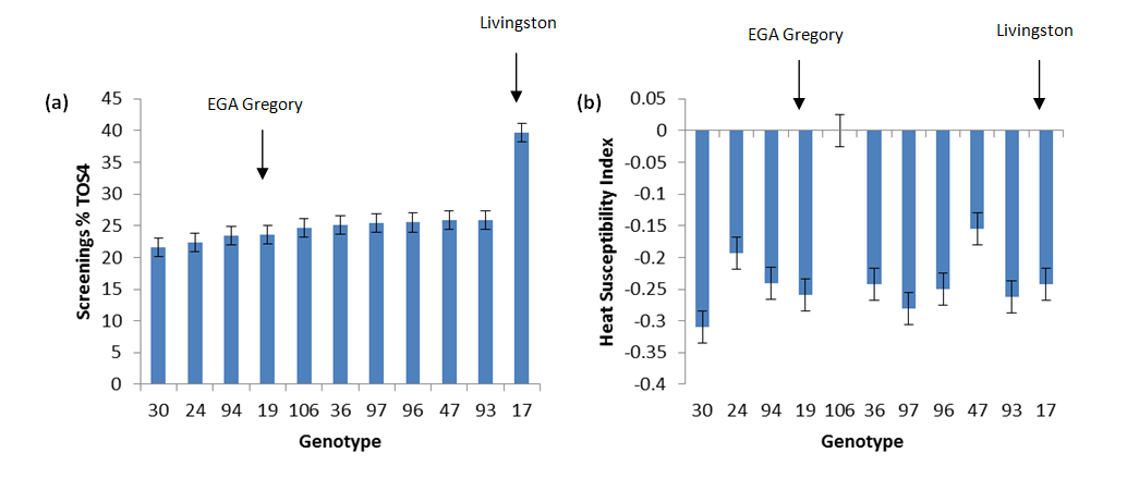 Figure 2. Best performing genotypes in 2014 only based on (a) screenings % and their corresponding (b) heat susceptibility index (HSI) presented for comparison. Commercial cultivars include Entry #17 Livingston and Entry #19 EGA Gregory Note: Low HSI = high heat tolerance.