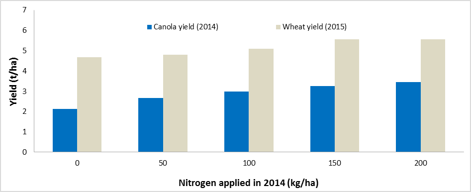 Figure 5. Canola (2014) and wheat (2015) yields in response to varied rates of N applied only in 2014, Geurie