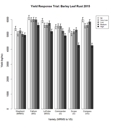 Figure 1. Yield response of barley varieties to different disease levels in 2015. 