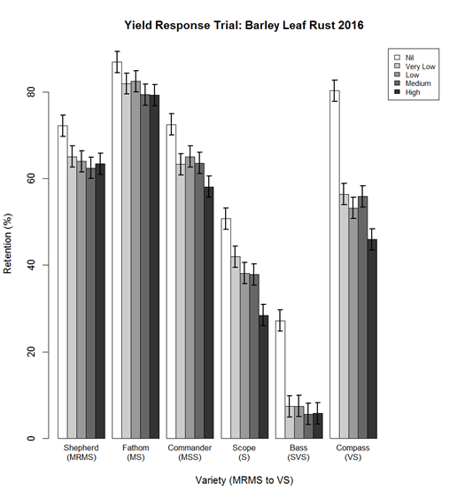 Figure 3. Response in retention percentage of barley varieties to different disease levels in 2016.