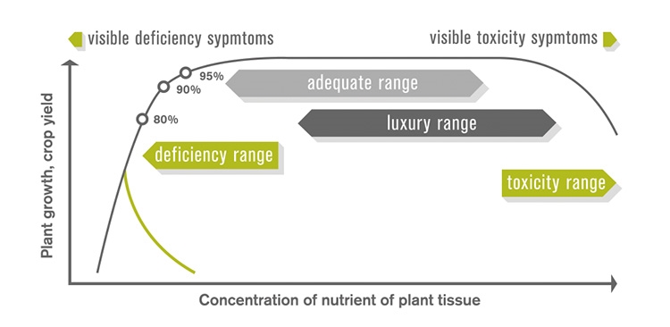 Figure 1. Relationship between nutrient concentration in plant tissue and yield or growth (Adapted from Marschner, 1995) (Image from Mosaic, http://www.cropnutrition.com/efu-plant-analysis)
