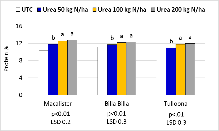 Figure 3. Suntop protein responses to nitrogen rate by trial site. All treatments applied and incorporated at three timings.