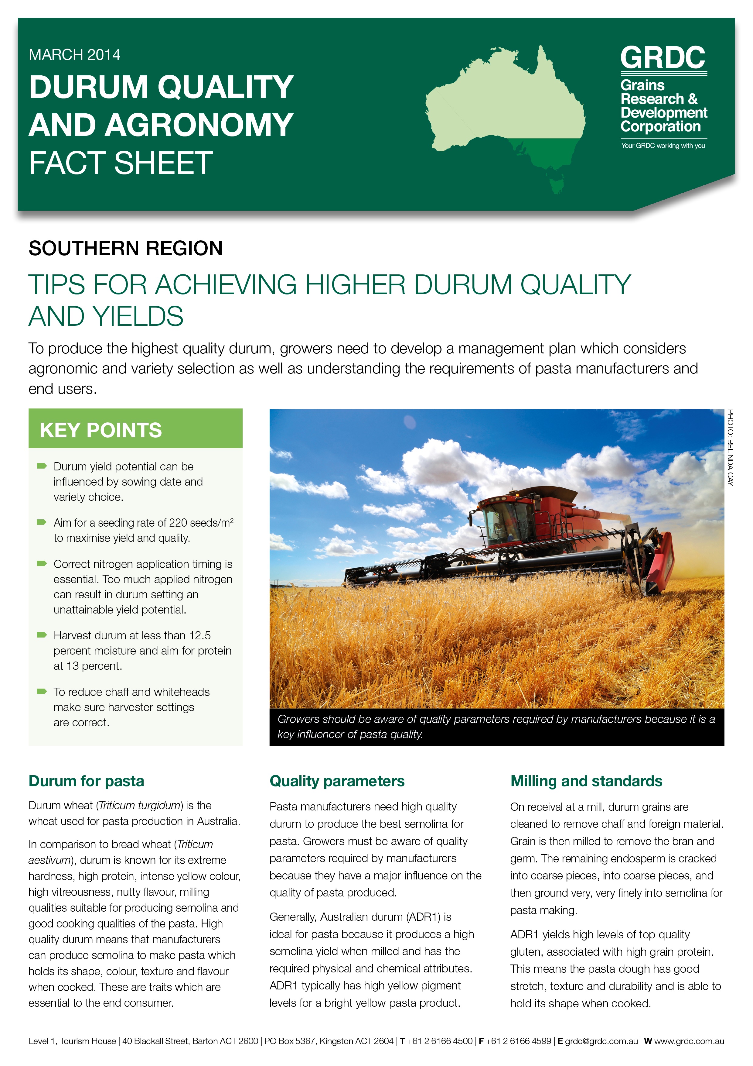 Cover page of the Durum Quality and Agronomy Fact Sheet - Tips for achieving higher durum quality and yields